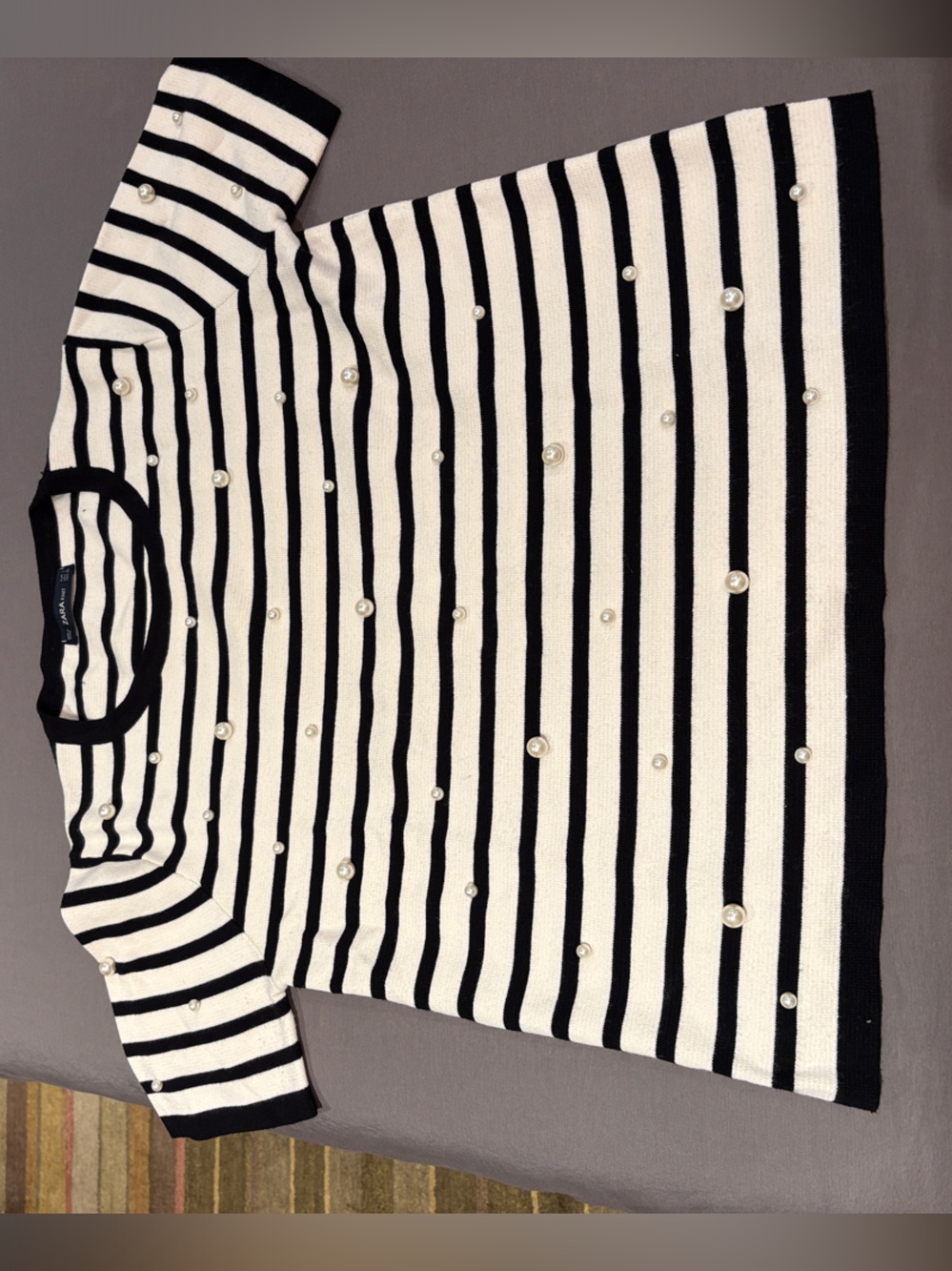 Zara Black and White Striped Pearl-Accent Short Sleeve Top